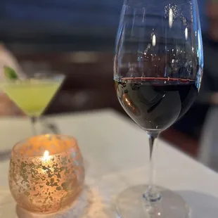 a glass of wine and a candle