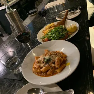Rigatoni alla Bolognese, veal Milanese