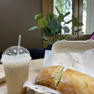 Pesto turkey Sandwich and iced mazapán latte