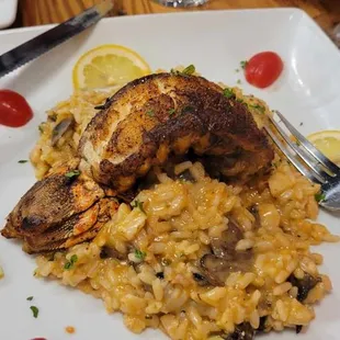 Blackened Lobster Over Risotto with muschrooms