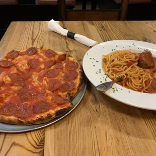 Pepperoni pizza, spaghetti with meatballs.