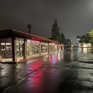 a wet street at night