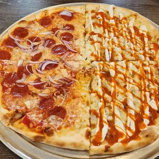 Extra large 18 inch half and half. Buffalo chicken on one side. Pepperoni and onion on the other side. Good