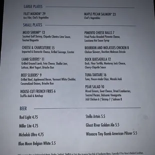Food and beer menu