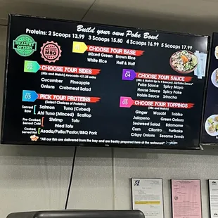 Poke menu, inside restaurant, Two protein poke bowls.