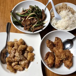 Sesame Honey Chicken, Mongolian Beef, Spiced Chicken Wings