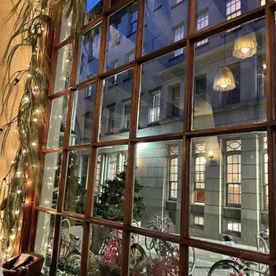 a view of a building through a window