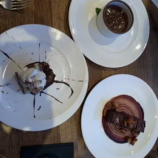 Tiramisu on left, valrhona chocolate pudding, peanut butter bar