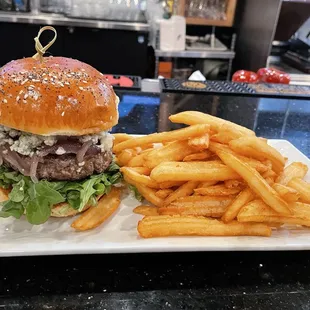 Smokey blue burger with fries
