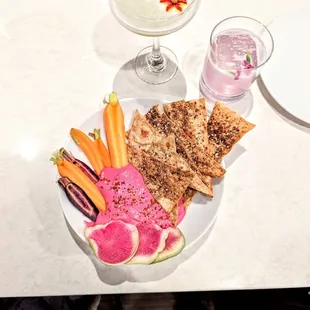 Roasted beet hummus with za&apos;atar lavash and crudites