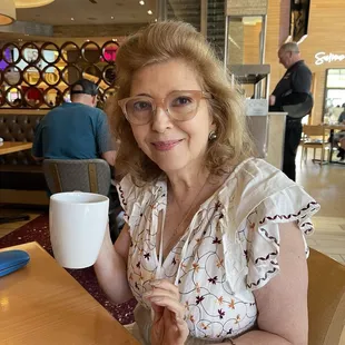 Here's my lovely wife having Coffee this morning.