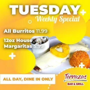 Lunchtime cravings satisfied with an incredible especial burrito at Terrazas Bar &amp; Grill!