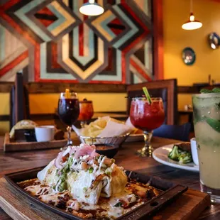 a plate of food and a drink