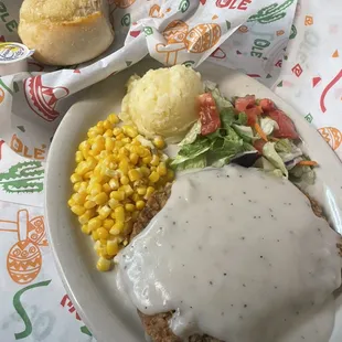 Chicken Fried Steak Special on Mondays served with homemade mashed potatoes and choice of corn or green beans or even both if you wish!