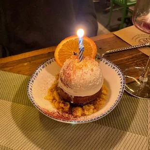 Chocolate soufflé with vanilla gelato