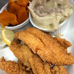 Catfish, sweet potatoes, home,add chicken and dumplings