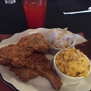 Fried Porkchop Dinner with Cabbage and Macaroni and Cheese with Kool Aid