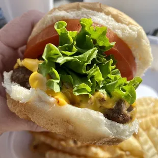 a hamburger with lettuce and tomato
