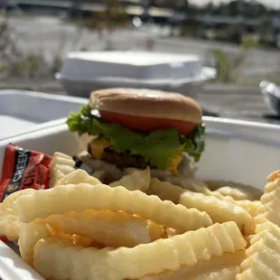 a hamburger and fries in a styrofoam container