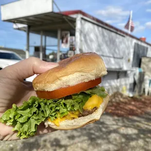 a hand holding a hamburger