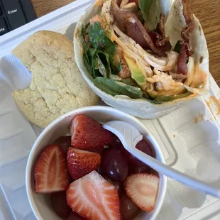 Turkey wrap Fruit cup Cookie