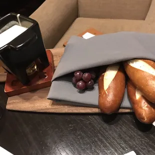 Oregon Chardonnay Fondue w/ Pretzel Bread and Grapes on the Vine $14 My favorite dish on property. The best fondue and bread ever.