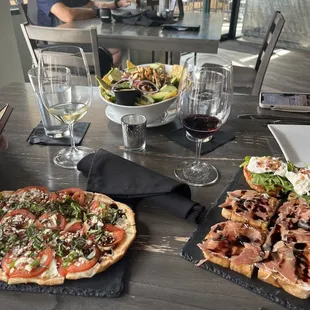 Celtic flatbread, Mexican salad, prosciutto bruschetta, burrata/bacon bruschetta