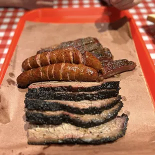 Brisket, pork ribs and jalapeño cheese sausage