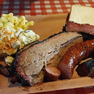 Ribs, brisket,  sausage,  potato salad and mac-n-cheese