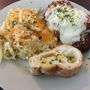 Chicken Parmesan &amp; Baked Mac and Cheese, also included a small salad.