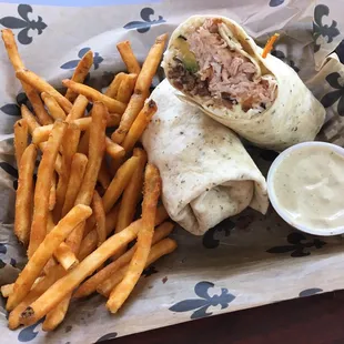 Cali wrap with seasoned fries and jalapeño ranch dipping sauce! DELICIOUS!