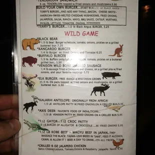 Wild game menu that is always changing.