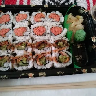 Spicy Tuna (sauce less) back rows and Eel and Cucumber front rows