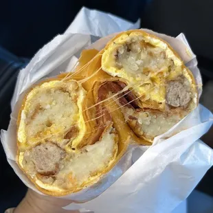 Sausage bacon breakfast burrito