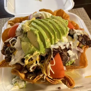 Steak Taco Salad with blue cheese dressing