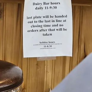 Hours of the Dairy Bar and a sign to order early