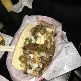 Philly steak with added sautéed mushrooms &amp; jalapeños per suggestion from our waitress -good call!!