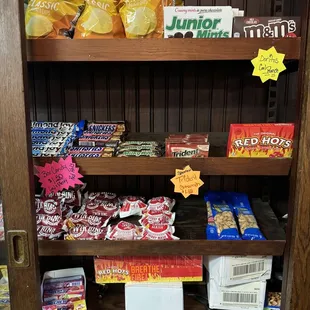 a shelf full of snacks