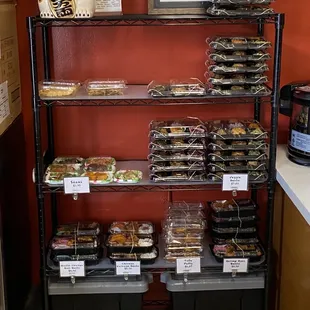 a shelf of food