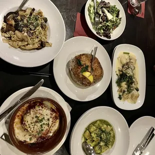 Lasagna , pesto gnocchi, lemon butter ravioli, truffle mushroom pasta, pear salad, shrimp dish