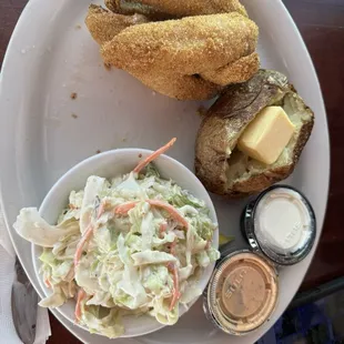 Perch platter with coleslaw and baked potato