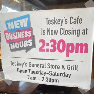 Hours for Cafe, 7a - 2:30p, Tue - Sat. Note, kitchen closes at 2p.