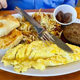 Special breakfast #1 with sausage &amp; apple butter for the griddle-toasted biscuit