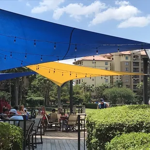 a patio with tables and umbrellas