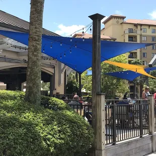 people sitting at tables under blue umbrellas