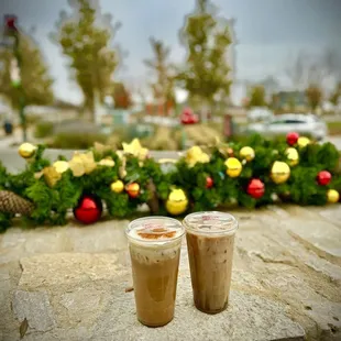 Cinnamon Roll iced soy latte &amp; Dasher's Mocha oatmilk (salted caramel). They are both really good.