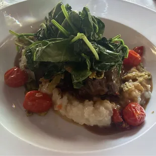Short Rib, risotto, blistered tomatoes, wilted spinach