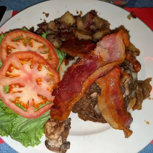 Loaded burger. Bacon, mushrooms and onions.