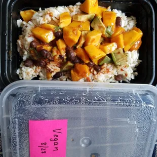 Today's vegan/ vegetarian meal: basmati rice with peach, mango, tomatoes, avocado, black beans $4