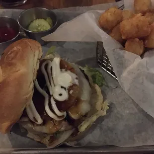 Polynesian burger with tots